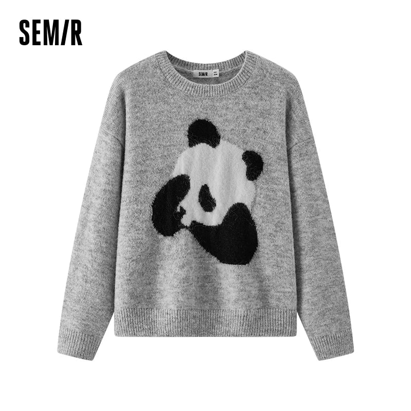 Semir Women Sweater Panda Graphic Crew Neck Drop Shoulder Loose Fit 2026 Winter Layering Wear Warm Knit Everyday Style