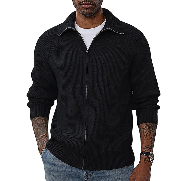 Global Bestseller Men's Zip-Up Knit Sweater, Casual Acrylic Blend Pullover, Gray Black Navy Brown, M-3XL