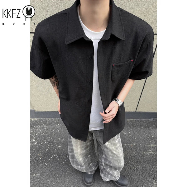 Men Loose Oversized Short Sleeve Button Shirt Lapel Collar Linen Blend Weave Chest Pocket For Summer Street Leisure