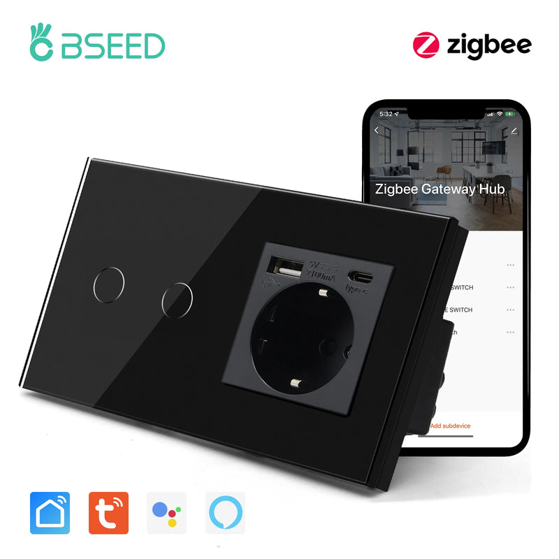 BSEED Zigbee Switch 1/2/3Gang Smart Sensor Switch Tuya Smart Life Control No Neutral Line With Normal EU Wall Socket