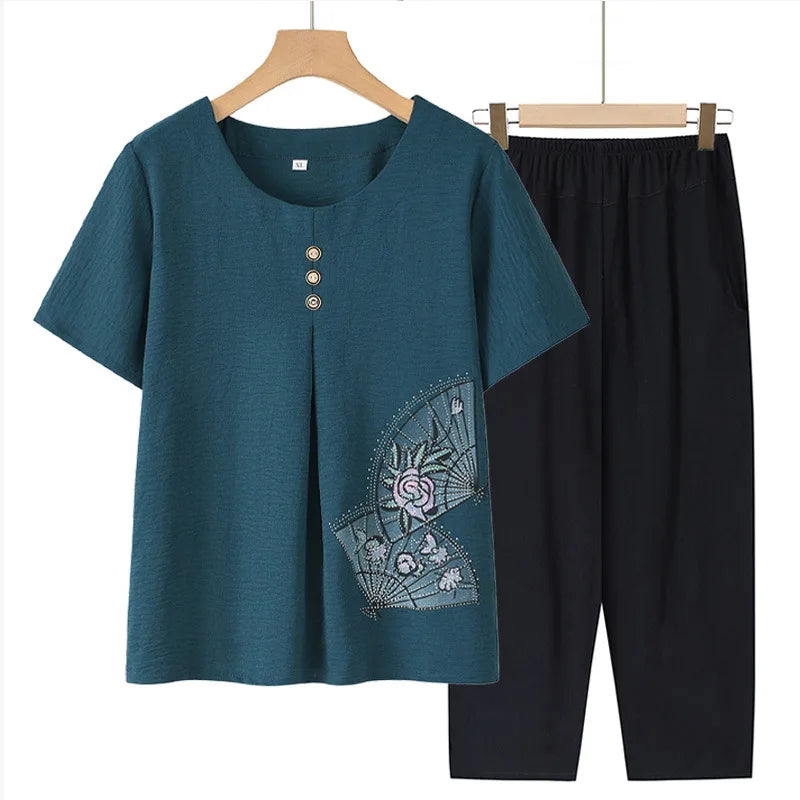 ឈុតគេងសម្រាប់ស្ត្រី XL-5XL ខោកាព្រីដៃខ្លី កប្បាស បោះពុម្ពបែបវីនថេច សម្លៀកបំពាក់សម្រាប់យាយ រលុង ម្តាយចាស់ជរា