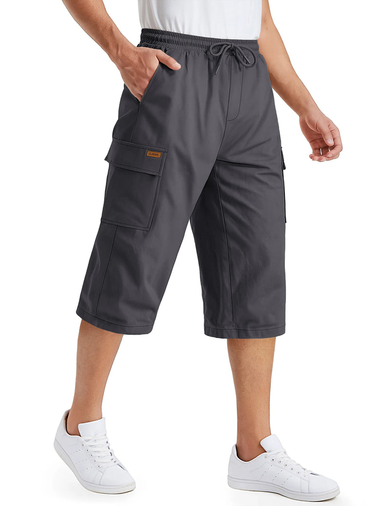 TACVASEN Mens Cargo Capri Short Pants 97% Cotton Below Knee Loose Fit Pants 6 Pockets Work Drawstring Waist Casual New Trousers