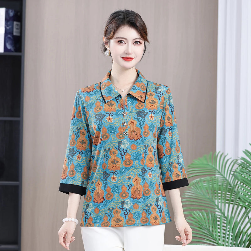 អាវយឺត Pullover ថ្មី កអាវបត់ចុះ បោះពុម្ពធរណីមាត្រ អាវបីភាគបួន រលុង