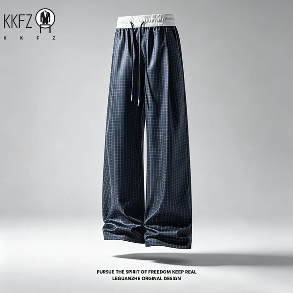 Men Plaid Pattern Loose Wide Leg Pants Elastic Waist Adjustable Drawstring Comfort Trousers For Male Daily Streetwear