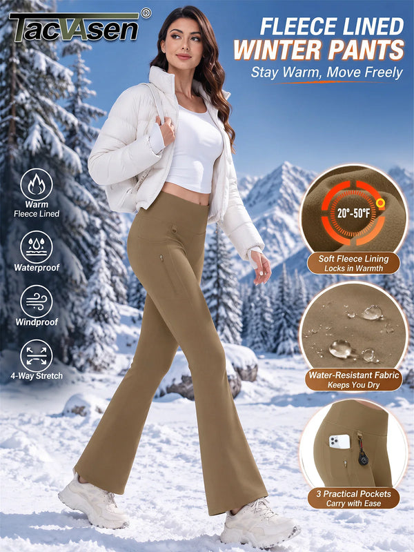 TACVASEN Women's Flare Winter Warm Fleece Pants Waterproof Insulated Tire High Pants Warm Bootcut Stretch Pants With 3 Pockets