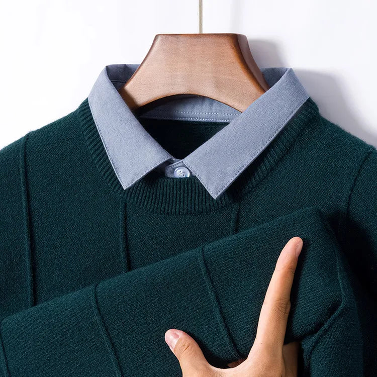 Men's Business Casual Polo Shirt with Faux Shirt Collar and Pineapple Jacquard Knit  Gold Medal Quality Pullover