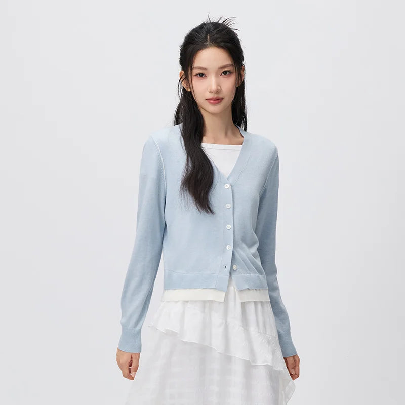 Semir Women Cardigan Cropped V Neck Colorblock Mock Layer Shoulder Fit 2026 Autumn Minimal Knitted Everyday Sweater Top