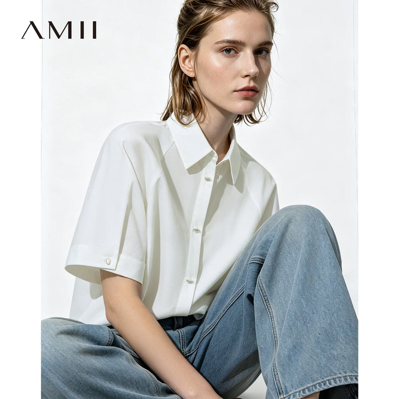 Amii White Women's Shirt 2026 Summer Lapel Collar Metal Button Dolman Sleeve Blouse Simple Loose Casual Top For Women 12642086