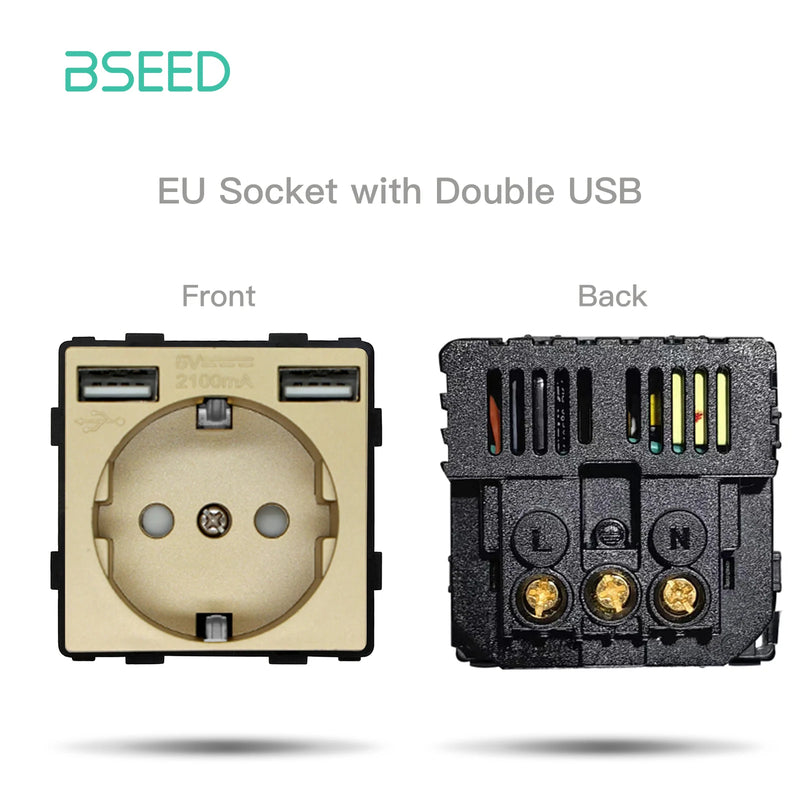 BSEED EU Standard Wall Light Switch Module Electrical Outlets Button Switch DIY Function Part Glass Panel Free Collocation Gold