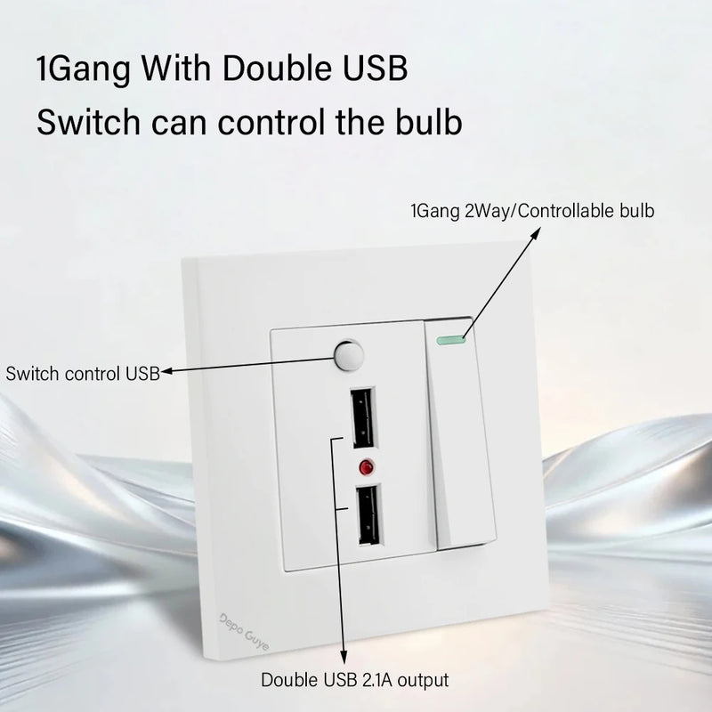 1 gang 2 way with 2 ports USB charging socket, with LED light, AC110-250V, light switch with international universal USB socket