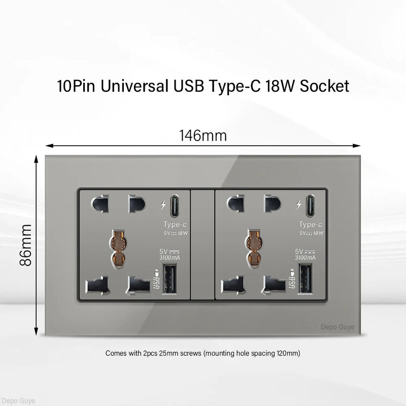 Grey UK 13A Tempered Glass USB Type C 18W Quick Charge Socket,Dual Universal Power Outlet,Home Light Electric Switch Panel