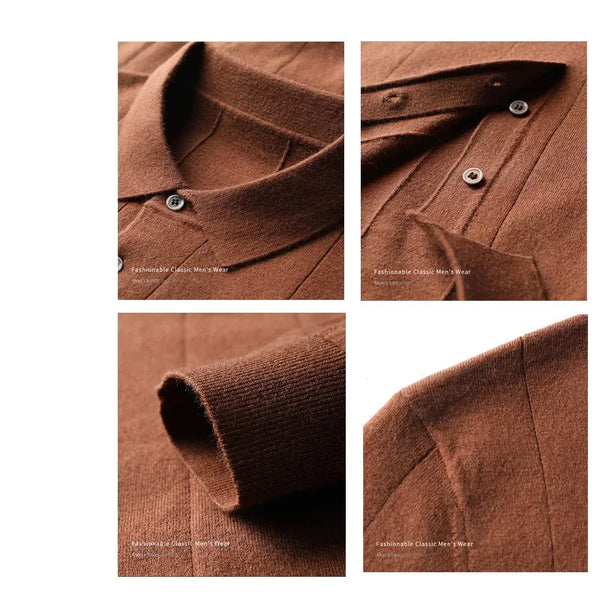 Men's Polo Collar Wool Blend Sweater 340g Thick Anti-Pilling Long Sleeve Knitwear for Spring Autumn