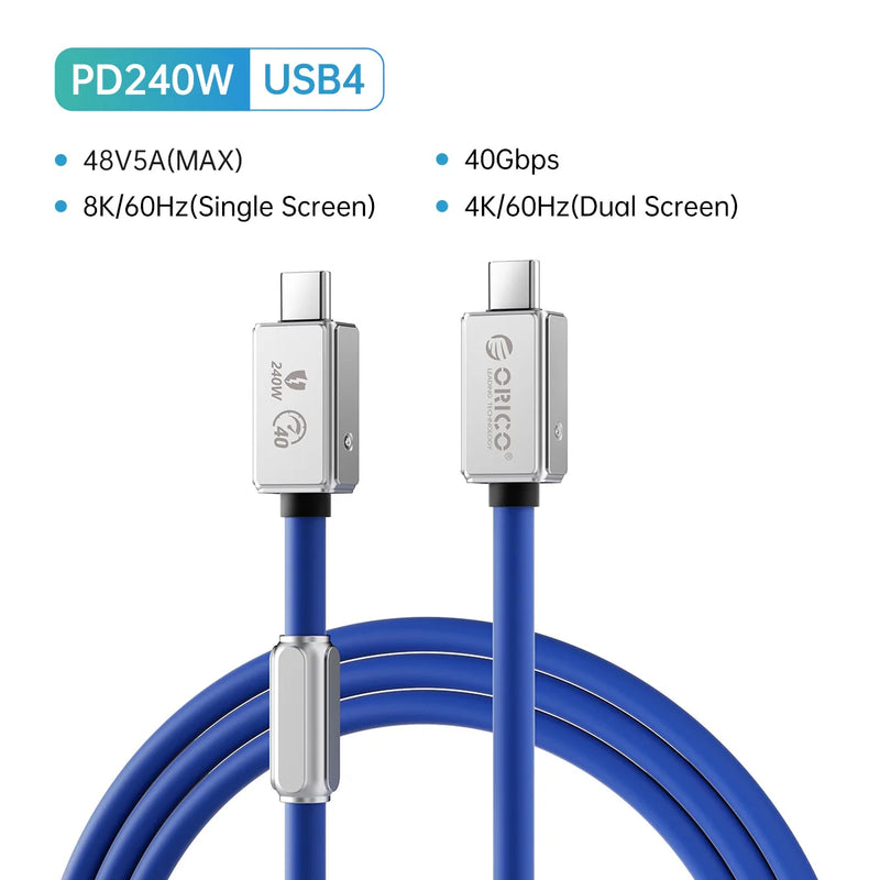 ORICO USB4 Cable 240W Compatible Thunderbolt 4 Video 8K60Hz PD3.1 USB C Fast Charge Data Transfer Silicone for Macbook iPhone15