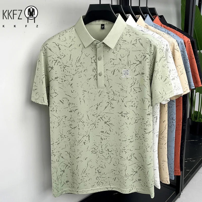 Business Casual Mens Splash Pattern Polo Short Sleeve Breath Mesh Short Vacation And Weekend Party Apparel