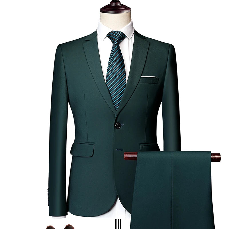 2026 New Men's 2-Piece, Dark Green Slim Fit Suit Set with Pure Color Jacket & Pants for Office/Interview/Wedding/Party/Business