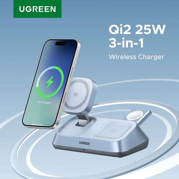 ឆ្នាំងសាកឥតខ្សែ UGREEN Qi2 25W MAX ជើងទម្រសាកថ្មឥតខ្សែម៉ាញេទិក 3-in-1 សម្រាប់ iPhone 17 Pro Max/AirPods 4 សម្រាប់ឆ្នាំងសាកឥតខ្សែ MagSafe Fast Charger