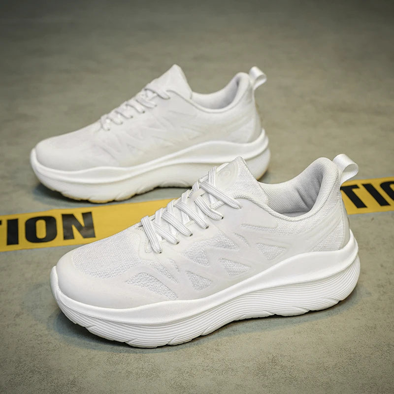 Men Women All White Thick Cushioned Running Shoes Lightweight Breathable Mesh Platform Sneakers Non Slip Athletic Walking Shoes