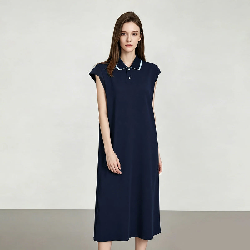 Amii Womens Dresses 2026 Summer New Color Block Contrast Lapel Air Layer Knitted Casual Loose Fit Midi Women's Dress 12622166