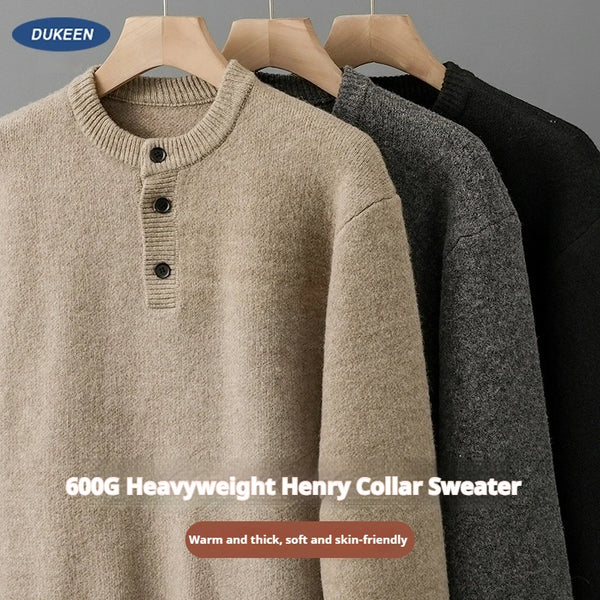 DUKEEN 600G Heavyweight Henley Sweater for Men Winter New Luxury Thick Warm Knitwear Pullover Men's Casual Winterwear