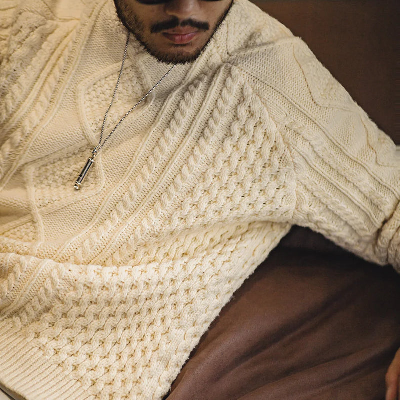 អាវយឺតបុរស Maden Retro Aran រដូវស្លឹកឈើជ្រុះ និងរដូវរងា អាវប៉ាក់ក្រាស់ ពណ៌បន៍ត្នោតខ្ចី កមូល អាវយឺតត្បាញ អាវក្រៅសម្រាប់លេងកម្សាន្តបានច្រើនយ៉ាង