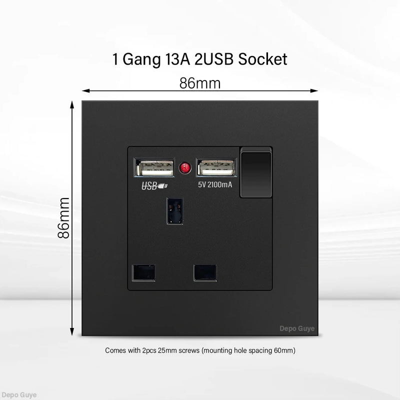 Black UK 13A Wall Socket with USB Type C 18W Quick Charge Plug Socket,Universal Wall power outlet 220V Electrical Light Switch