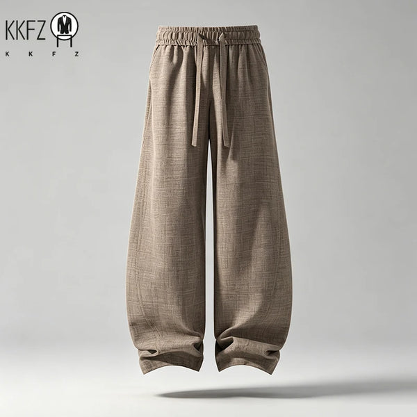 Male Baggy Linen Blend Trousers Adjustable Waist Drawstring Soft Breathable Fabric For Daily Outdoor Street Outfit