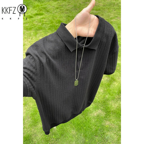 Mens Oversized Polo Short Sleeve Top Vertical Rib Jacquard Texture Lapel Collar For Casual Commute Leisure Daily Wear