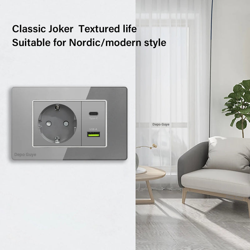 Type 118 Grey Tempered Glass Panel EU Wall Light Switch,Europe Wall Socket With USB Type-c 18W Quick Charge Outlet 118*75mm