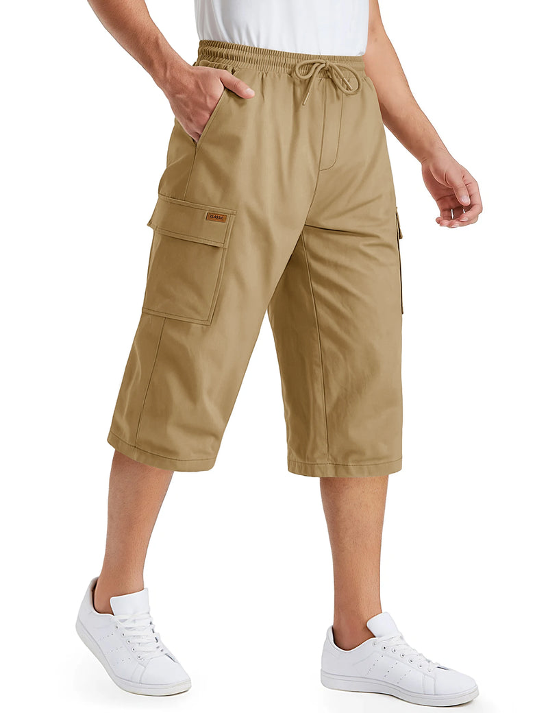 TACVASEN Mens Cargo Capri Short Pants 97% Cotton Below Knee Loose Fit Pants 6 Pockets Work Drawstring Waist Casual New Trousers