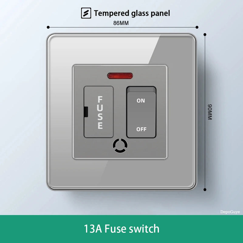 Deluxe Grey Tempered Glass Panel UK 13A Plug Electrical Socket, Double 5 Pin Socket and Switch, EU Universal USB C Wall Socket