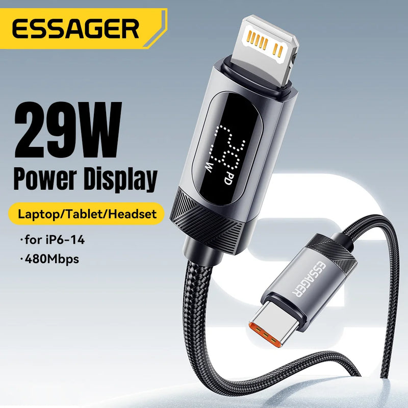 ខ្សែ USB ប្រភេទ C របស់ Essager សម្រាប់ iPhone 14 13 12 11 Pro Max PD 29W សាកថ្មលឿន ប្រភេទ C ទៅខ្សែភ្លើង សម្រាប់ iPad Macboo