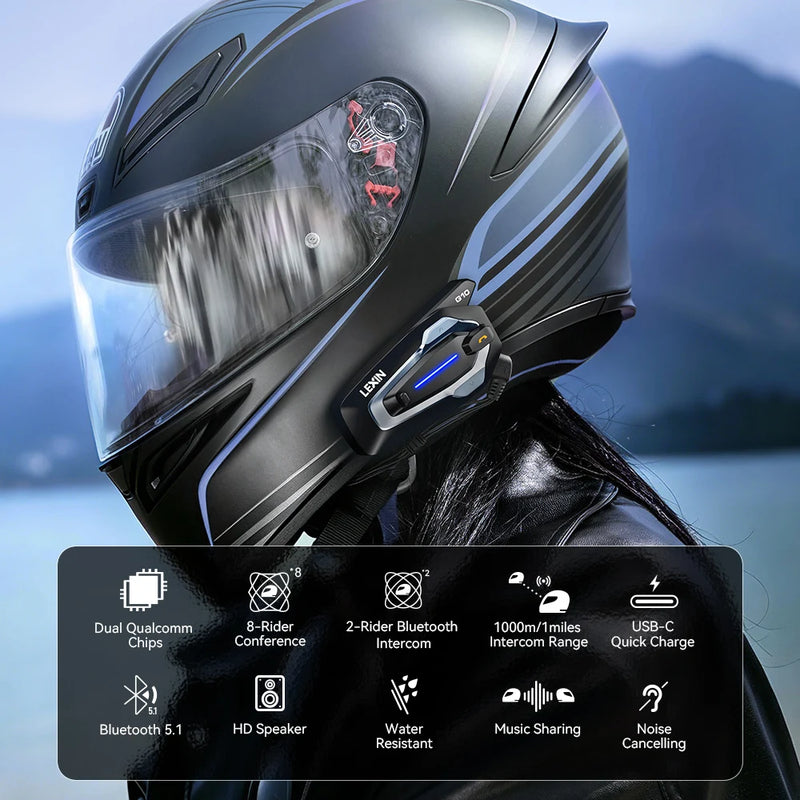 NEW-LEXIN G10 Motorcycle Helmet Intercom, 8 Riders Dual Qualcomm Bluetooth 5.1 Intercom, Parallel Audio- Intercom and Stream Mus