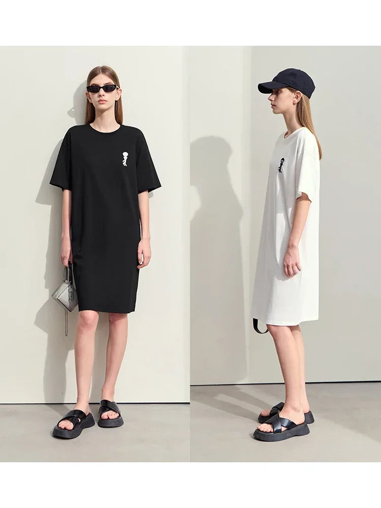 Amii Minimalism Dress For Women 2026 Summer New O-Neck Fun Embroidery Hollow Cotton Loose Casual T-shirt Dress Female 12442174