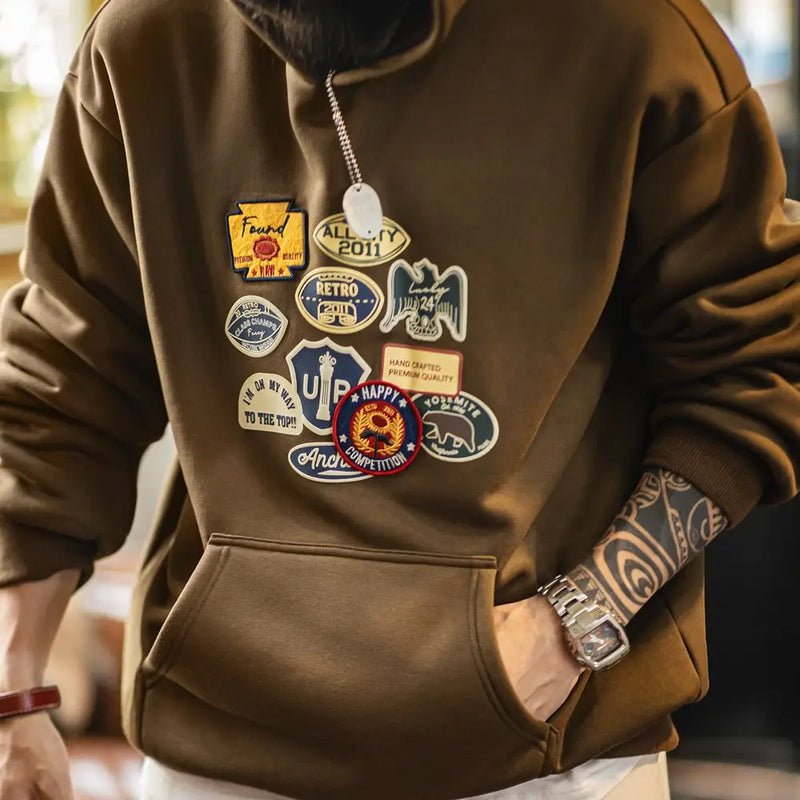 Maden Vintage Men's Embroidered Badge Hoodie Brown Sherpa Fleece Warm Pullover Relaxed Fit Casual Knit Tops for Fall Winter