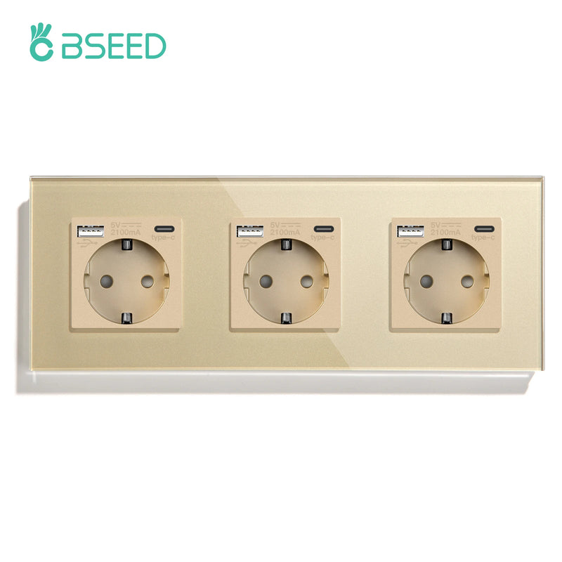 BSEED EU Standard Sockets Single Wall Socket Double Frame Socket with USB Outlets Glass Panel Triple Type-C Sockets For Home