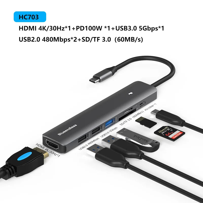 មជ្ឈមណ្ឌលប្រភេទ C របស់ Blueendless 4K 30Hz ដែលឆបគ្នាជាមួយ HDMI PD 100W USB3.0 HUB ឧបករណ៍បំបែក USB TF SD Reader អាដាប់ទ័រ USB សម្រាប់ Macbook Air Pro