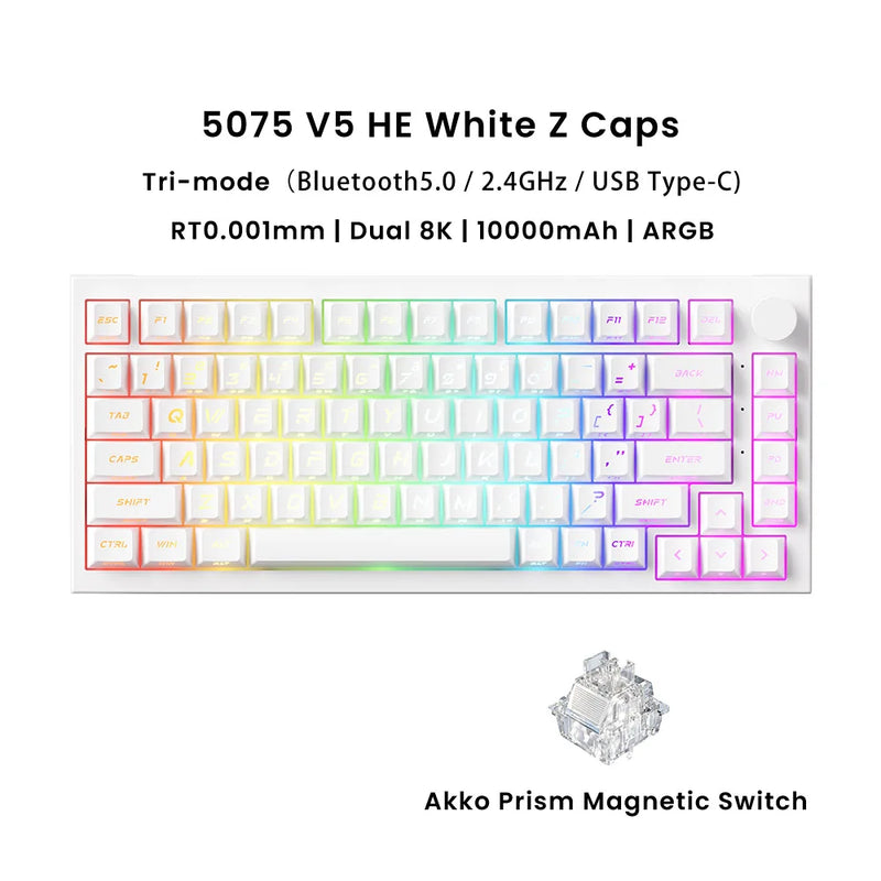 Akko Hall Effect Magnetic Keyboard 5075 V5 75% RT0.001mm 8K USB Type-C/2.4g&BT5.0 Wireless ARGB Custom Gamer Keyboard Gasket