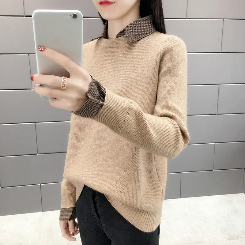Fake Two Piece Women's Knitwear Top Fashionable Lapel Collar Shirt Bottom Sweater Autumn Winter Long Sleeve Pullovers Femme