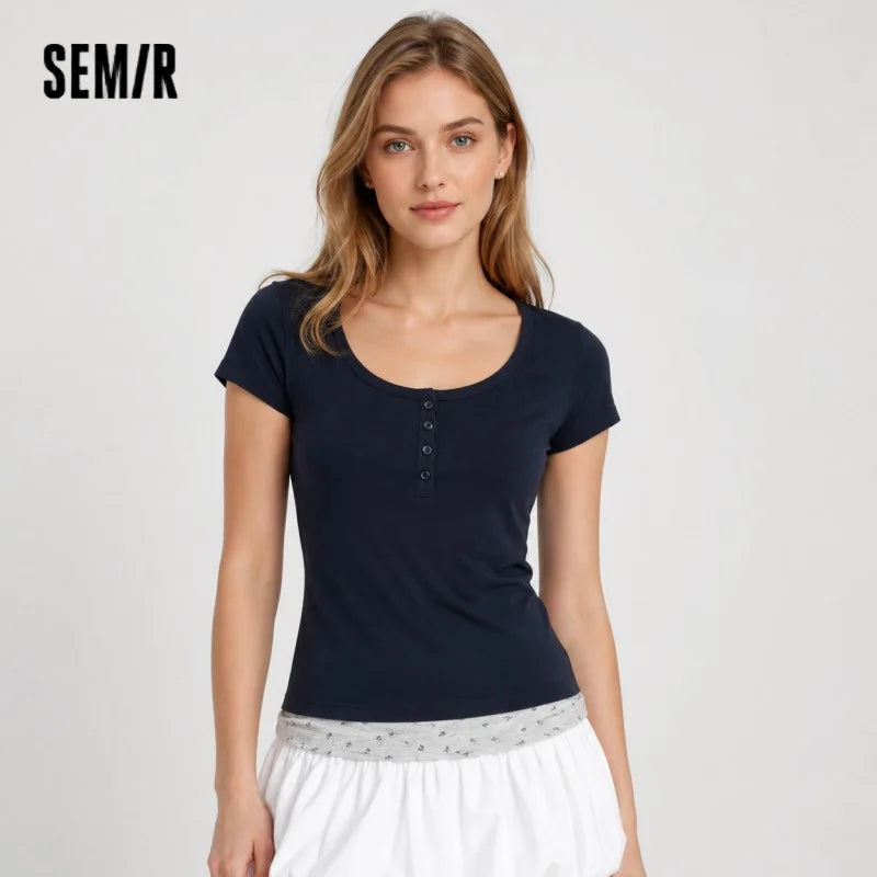 Semir Womens Tshirt 2026 Short Fake Two Piece Floral Slim Regular Shoulder Large Crew Neck Sweet