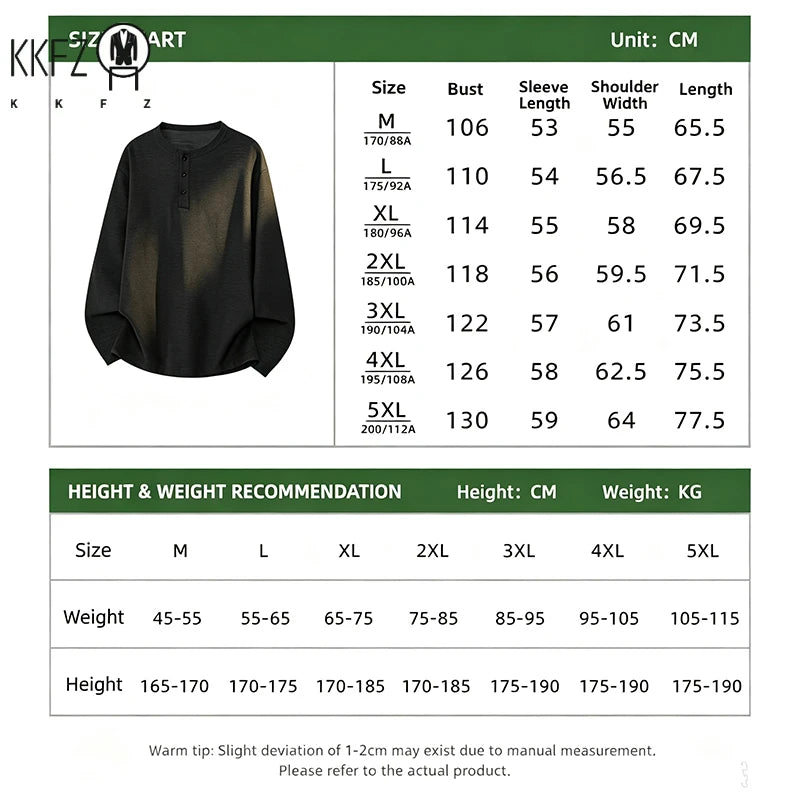 Autumn Leisure Long Sleeve Tee Men Henley Neck Three Button Front Loose Fit Textured Daily Basic Shirt
