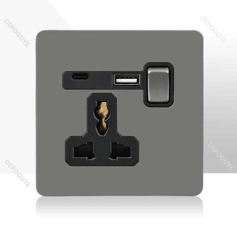 Retro Toggle Switch 1-4 Gang 2 Way Light Switch,EU French Plug Power Outlet Socket With Dual USB Stainless Steel Panel 86 Type