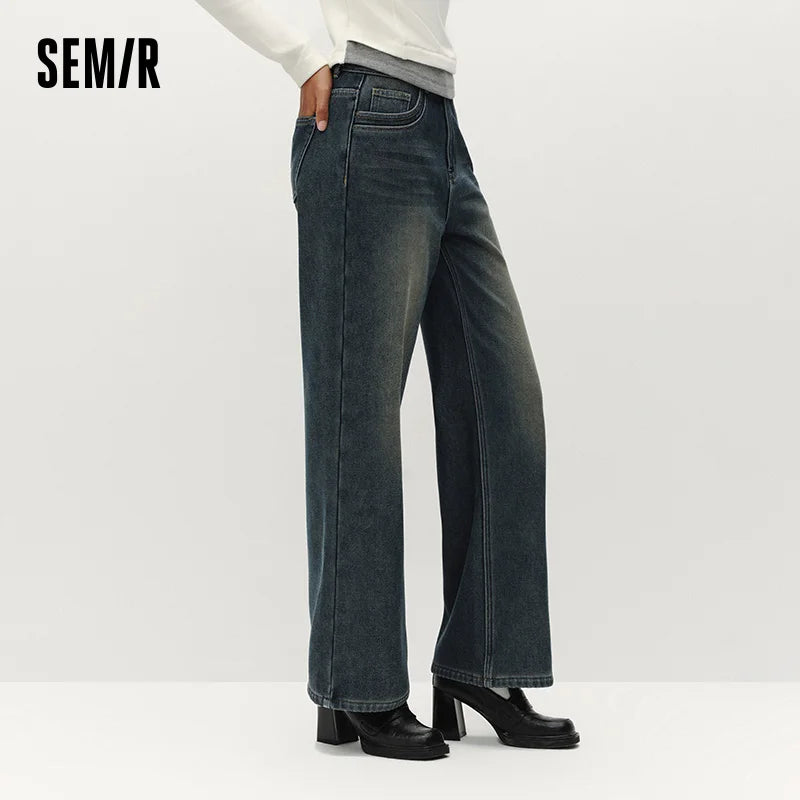 Semir Women Jeans Fleece Lined Wide Leg Washed Finish Warm Insulation Soft Touch 2026 Winter Everyday Style Full Length
