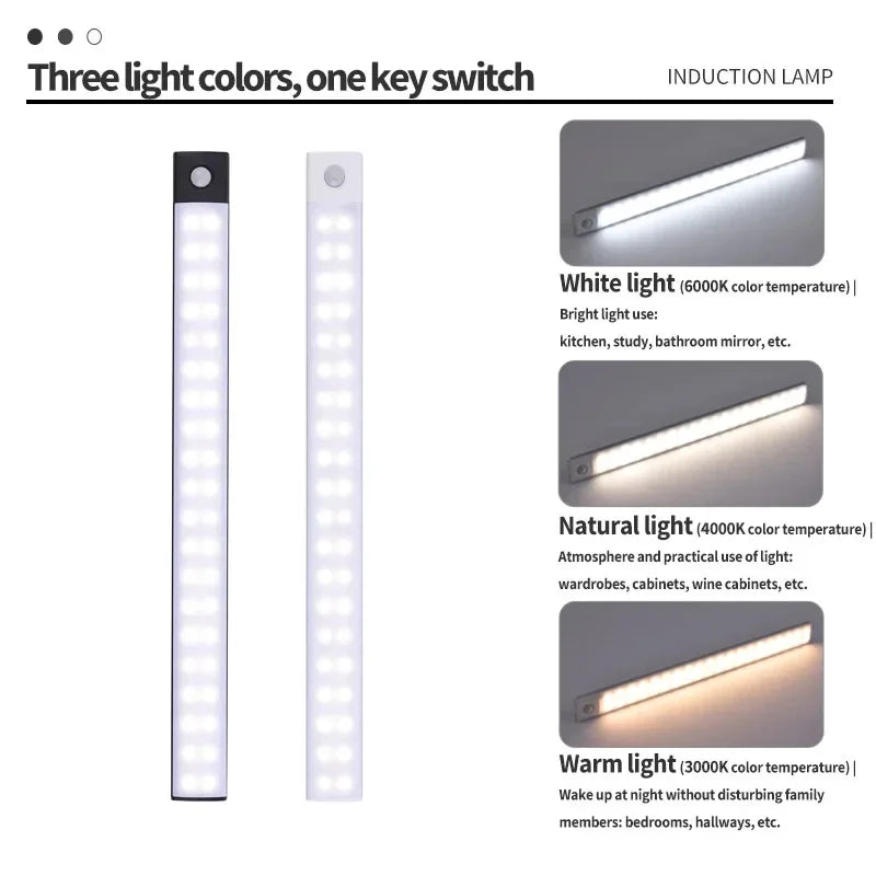 10-60CM Motion Sensor LED Night Light Wireless USB Rechargeable Under Cabinet Lights Ultra Thin Long Bar Lamp Kitchen Bedside