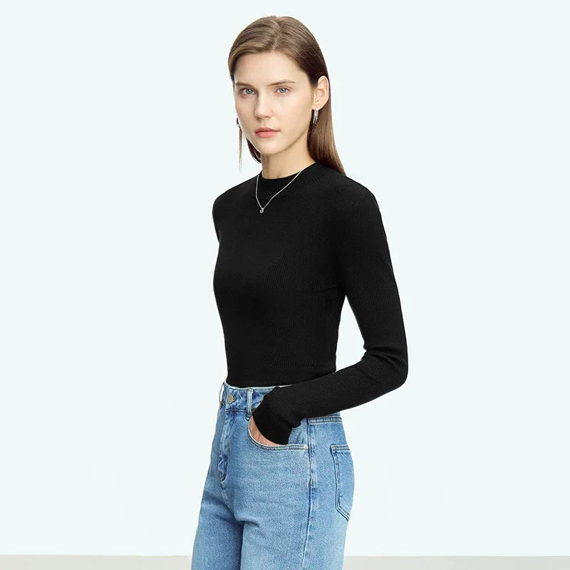 AMII Sweater for Women Minimalism Mock Neck 2026 Autumn New Slim Office Lady Knitted Tops Female Long Sleeve Pullovers 12313001