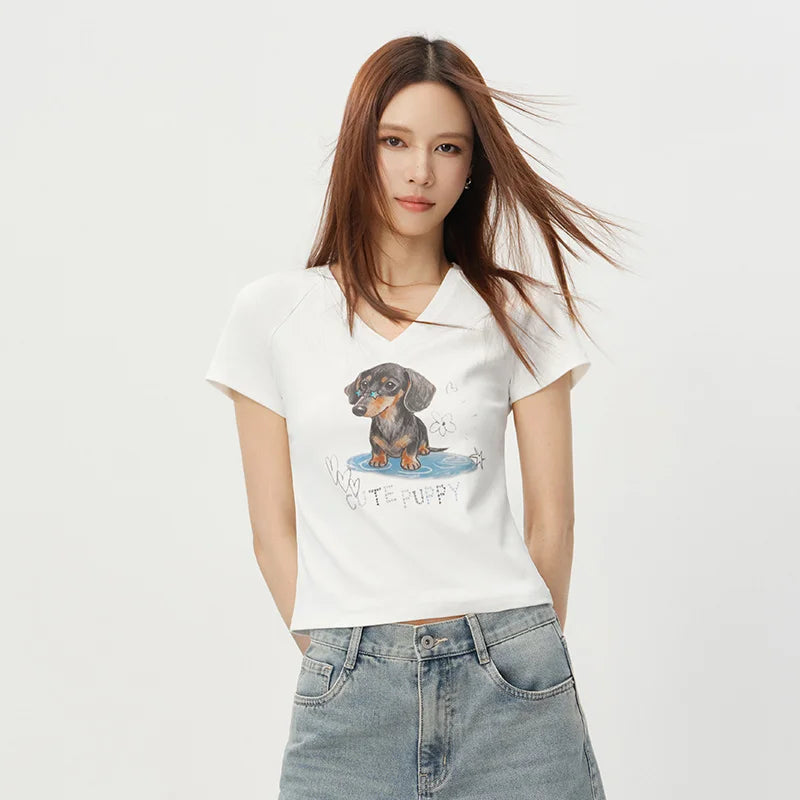 Semir Womens Tshirt 2026 Short Raglan Sleeve Slim V Neck Dog Cute Fashion Casual Daily Wear