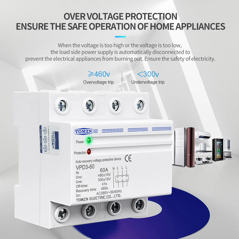 TOMZN 60A 380V Three Phase Four Wire Din Rail Auto Recovery Reconnect Over Voltage And Under Voltage Protective Protection Relay