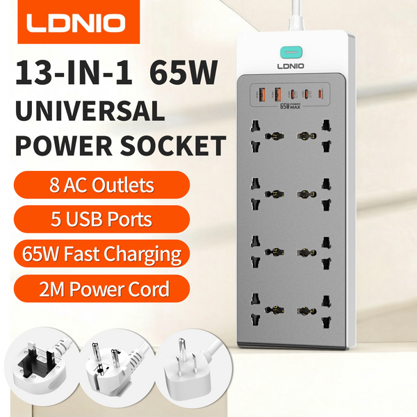 រន្ធដោតភ្លើងបន្ថែម LDNIO 13-in-1 2500W ស្ថានីយសាកថ្ម 65W បន្ទះសាកថ្ម USB រន្ធដោត AC ចំនួន 8 រន្ធដោត USB C ចំនួន 5 ខ្សែបន្ថែម USB-A ថ្មី