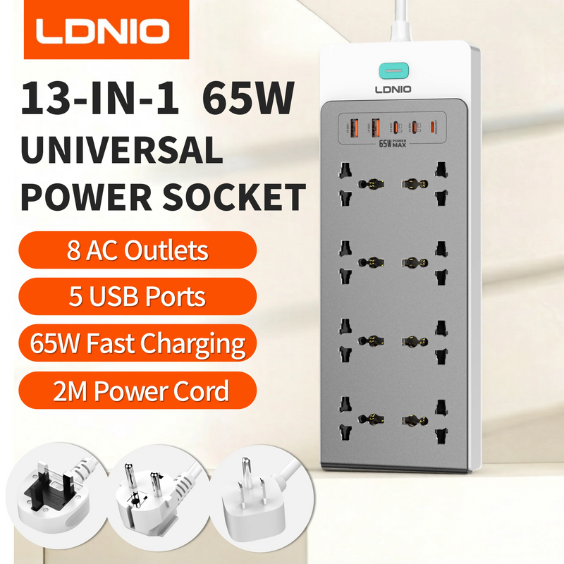 រន្ធដោតភ្លើងបន្ថែម LDNIO 13-in-1 2500W ស្ថានីយសាកថ្ម 65W បន្ទះសាកថ្ម USB រន្ធដោត AC ចំនួន 8 រន្ធដោត USB C ចំនួន 5 ខ្សែបន្ថែម USB-A ថ្មី
