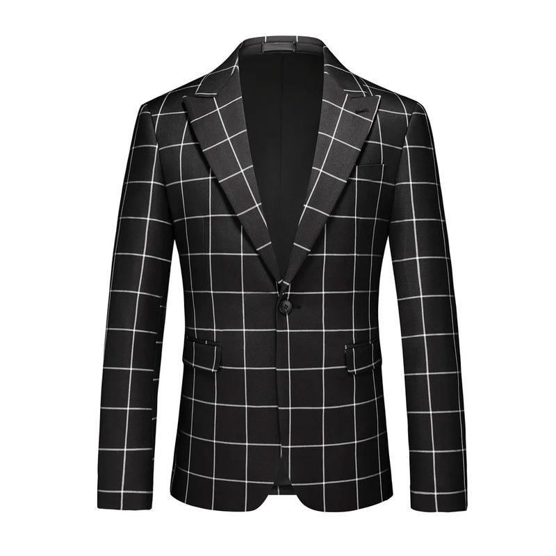 Men's Black White Plaid Long Sleeve Blazers, Fashion Slim Fit Suit Jacket, Wedding Party Tops Coat, Asian Size M6XL