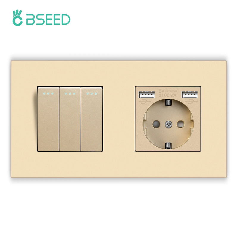 BSEED Mechanical Button Switches With Power Socket 1/2/3Gang 1Way Plastic Panel Electrical Outlets USB Type-C Wall Socket 16A